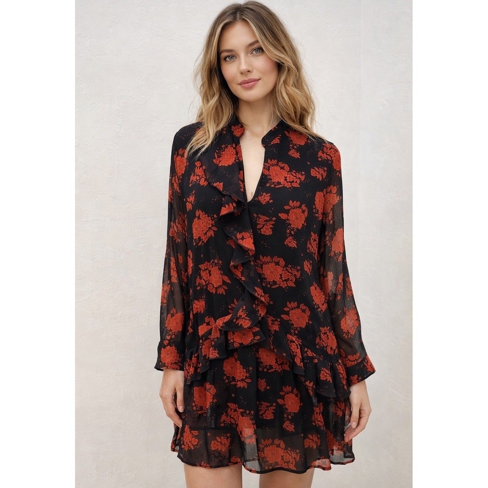 Zara Floral Mini Dress Womens L Black Red Rose Ruffle V-Neck Long Sleeve Good - Picture 1 of 11